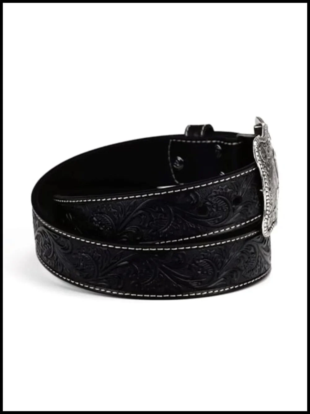 Floral Embossed Leather Men's Belt with Antiqued Silver Buckle